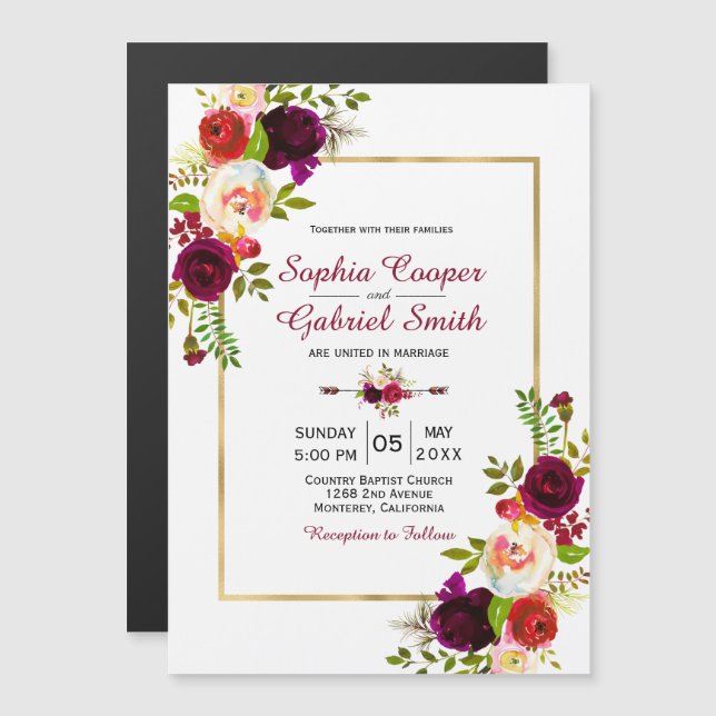 Invitación Magnética Boda de marco dorado moderno Chich Burgundy Floral (Anverso/Reverso)