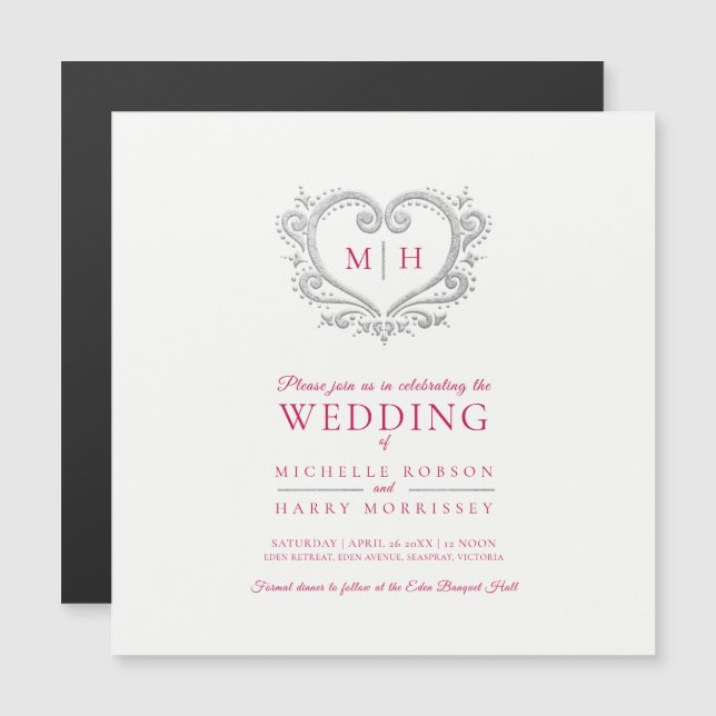 Invitación Magnética Boda de monograma de sangre de corazón plateado (Anverso/Reverso)