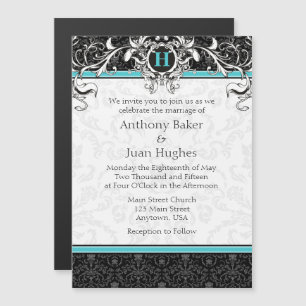 Invitación Magnética Boda de Monograma Negro Azul de Turquoise Aqua
