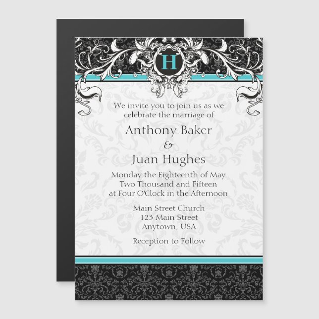 Invitación Magnética Boda de Monograma Negro Azul de Turquoise Aqua (Anverso/Reverso)