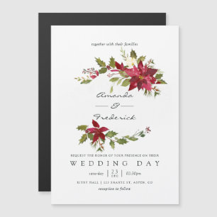 Invitación Magnética Boda de Navidad con Floral de Acuarela Borgoña