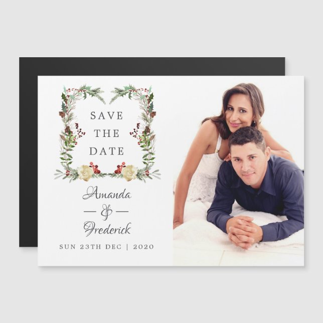 Invitación Magnética Boda de Navidades de Winter Woodland Salva la Fech (Anverso/Reverso)