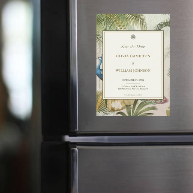 Invitación Magnética boda de palo de pavo real tropical 5 x 7 (Elegant tropical peacock palm wedding Save the Date magnet for luxe destination or garden weddings.)