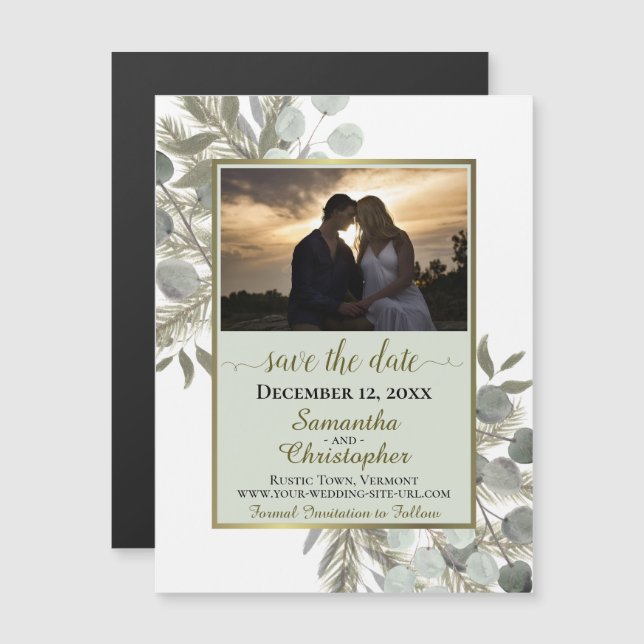 Invitación Magnética Boda de Pine Eucalyptus Ahorra la Frase de la Foto (Anverso/Reverso)