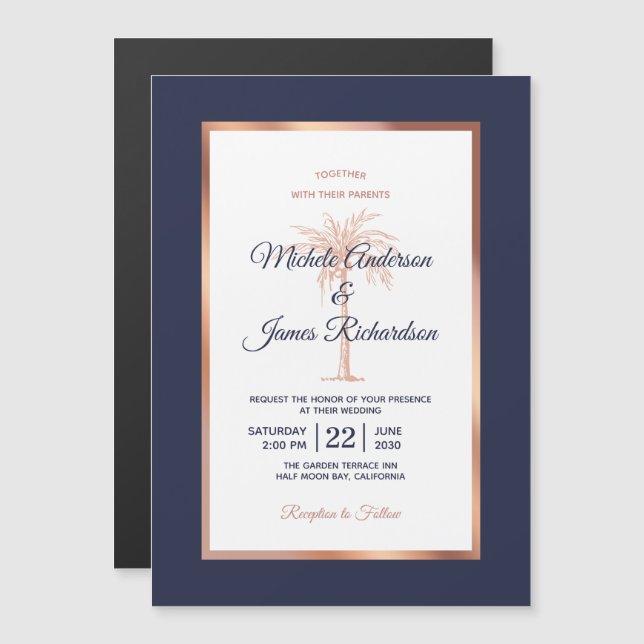 Invitación Magnética Boda de playa de la Marina de Cobre de Oro Rosa (Anverso/Reverso)