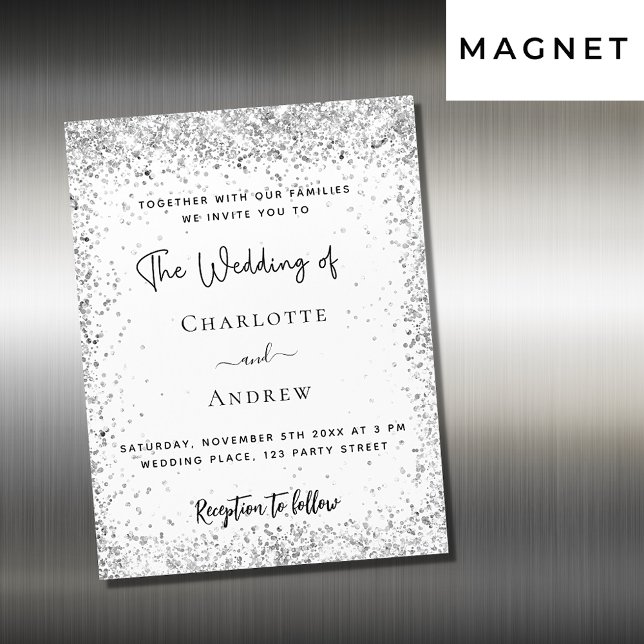 Invitación Magnética Boda de purpurina de escritura de plata blanca (Subido por el creador)