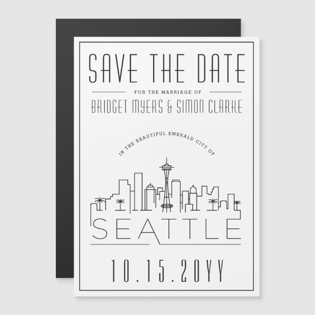 Invitación Magnética Boda de Seattle | Estilizado Skyline Guardar la fe (Anverso/Reverso)