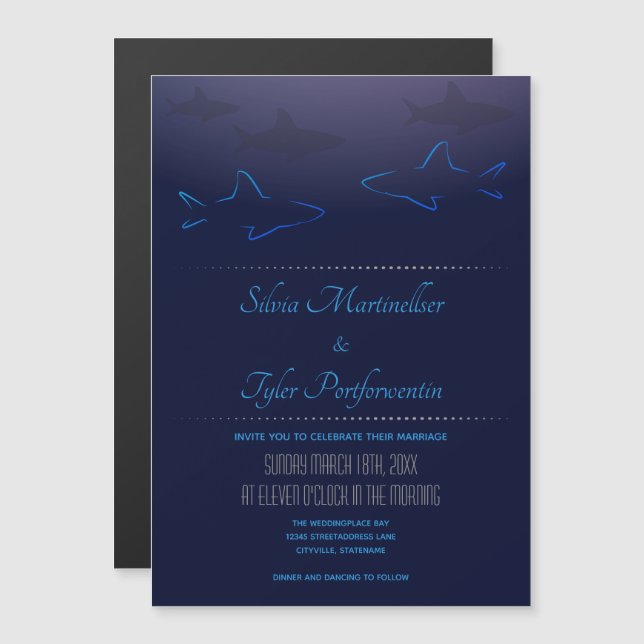 Invitación Magnética Boda de tiburones del océano azul (Anverso/Reverso)