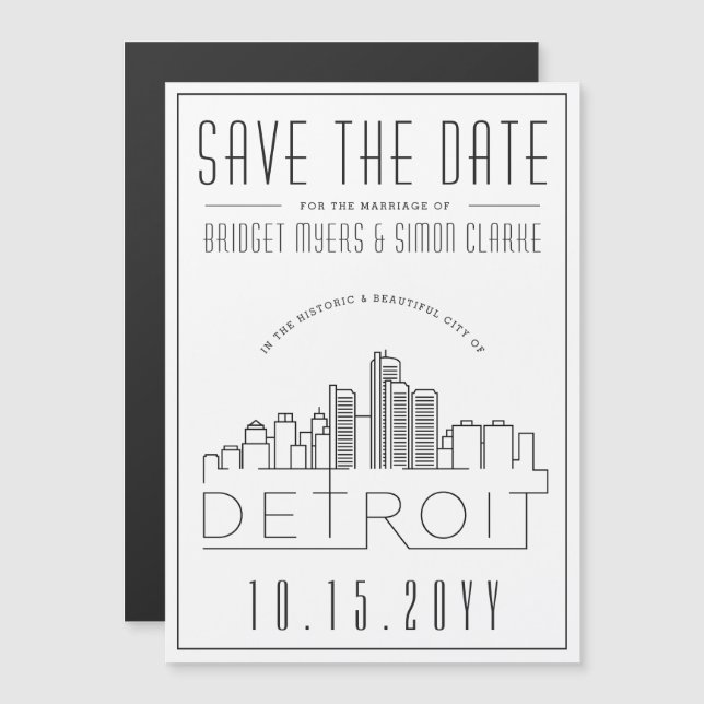 Invitación Magnética Boda Detroit | Estilizado Skyline Guardar la fecha (Anverso/Reverso)