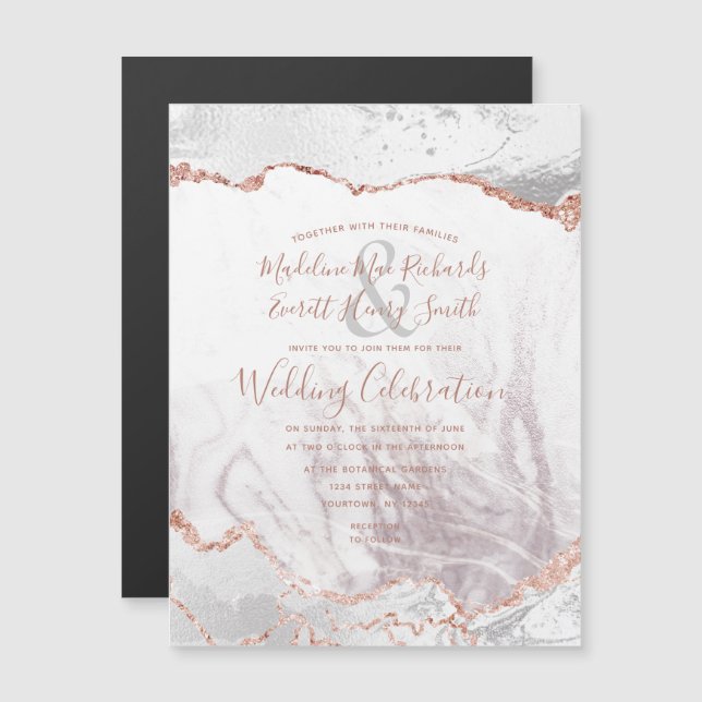 Invitación Magnética Boda dorado de Relieve metalizado de mármol blanco (Anverso/Reverso)