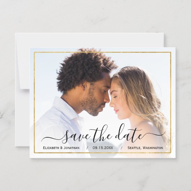 Invitación Magnética Boda elegante de fotografía simple negro y oro (Anverso)