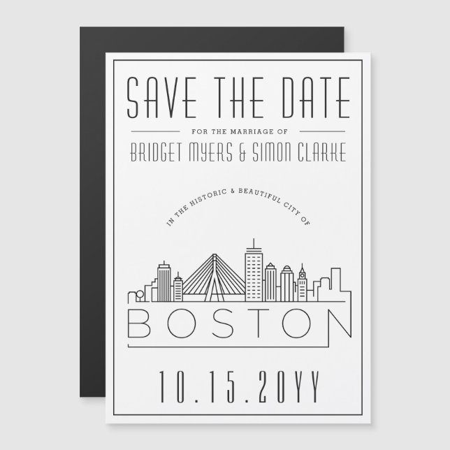 Invitación Magnética Boda en Boston | Silueta Estilizada de la Ciudad S (Anverso/Reverso)