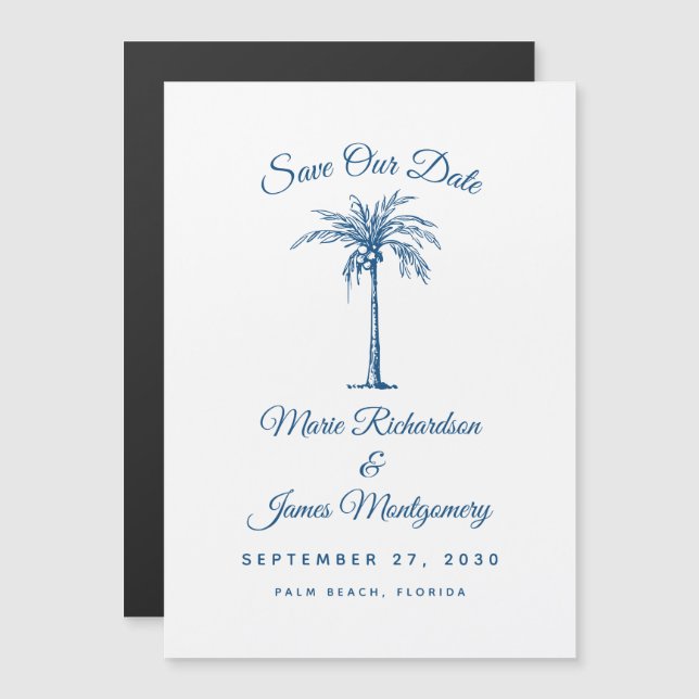 Invitación Magnética Boda en la playa azul moderna - Guardar la fecha (Anverso/Reverso)