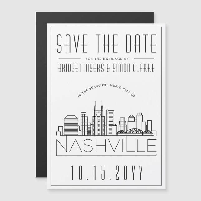 Invitación Magnética Boda en Nashville | Silueta estilizada de la ciuda (Anverso/Reverso)