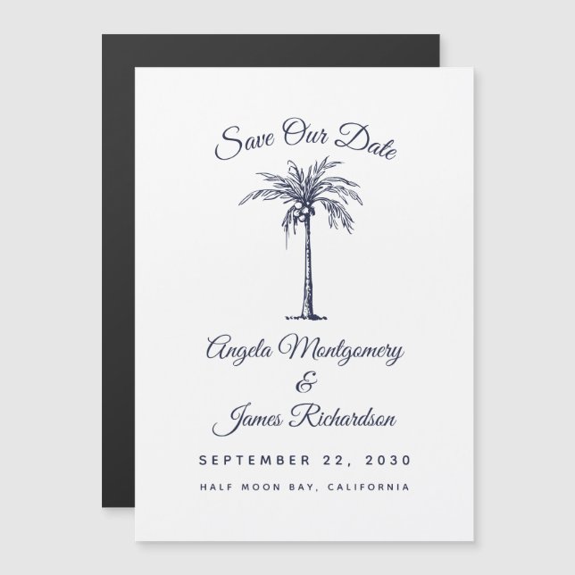 Invitación Magnética Boda en Palm Beach en azul marino moderno Guardar  (Anverso/Reverso)