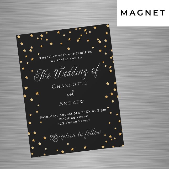 Invitación Magnética Boda estrellas de oro negro guión elegante lujo (Subido por el creador)