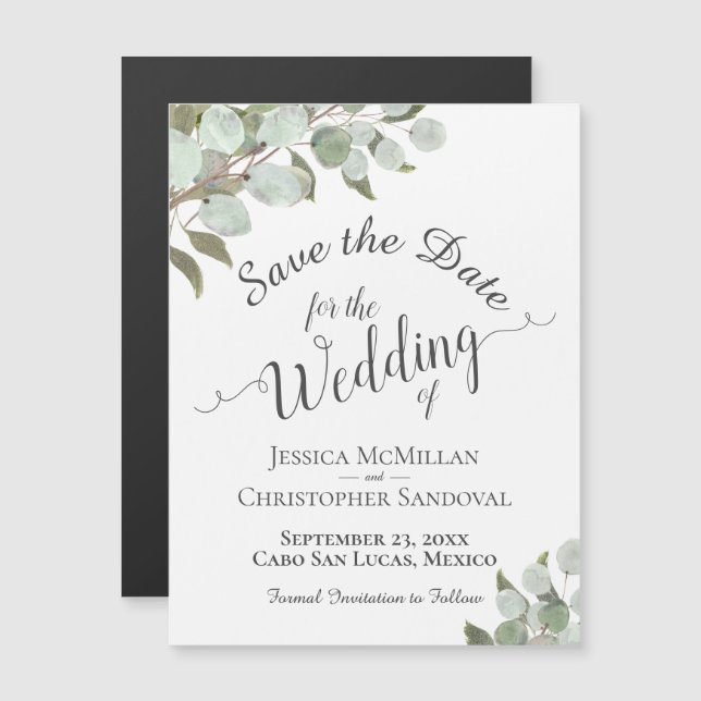 Invitación Magnética Boda Eucalyptus Salvar la caligrafía de fecha Blan (Anverso/Reverso)