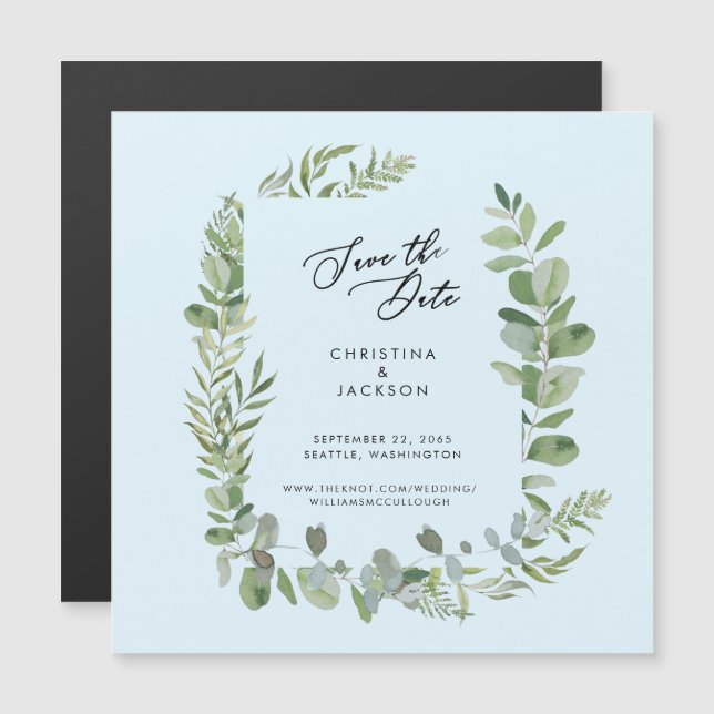 Invitación Magnética Boda Eucalyptus Salven la fecha Azul Hielo (Anverso/Reverso)