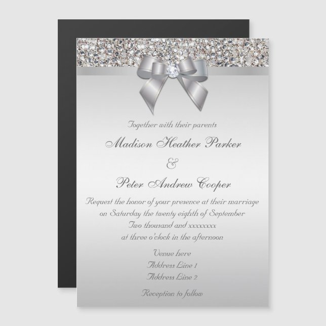 Invitación Magnética Boda Faux Silver Sequins Bow (Anverso/Reverso)
