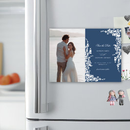 Invitación Magnética Boda Floral Azul Vintage de la Marina Salva La Fec