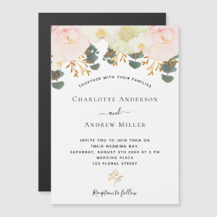 Invitación Magnética Boda floral blanca rosa dorada verde
