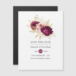 Invitación Magnética Boda Floral Borgoña Rubor y Oro Save the Date