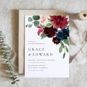 Invitación Magnética Boda floral de acuarela burdeos y azul marino