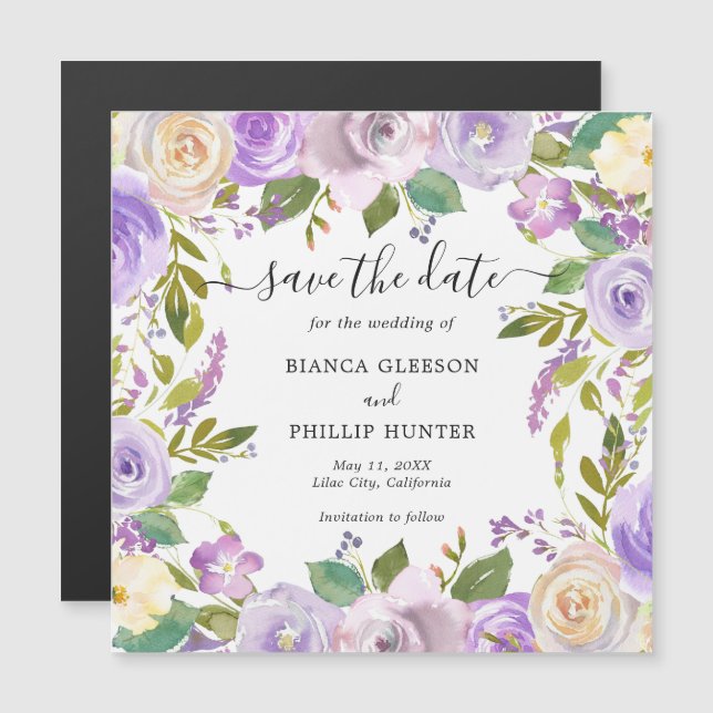 Invitación Magnética Boda floral de acuarela de Lilac salva la fecha (Anverso/Reverso)