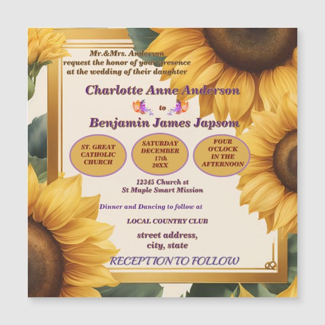 Invitación Magnética Boda floral de girasoles (Anverso)