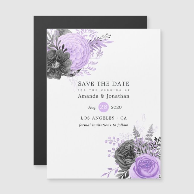 Invitación Magnética Boda floral de Lilac y Carbón salva la fecha (Anverso/Reverso)