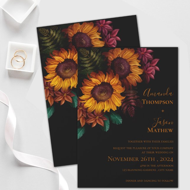 Invitación Magnética Boda floral de un Naranja con quemado negro vibran (Modern Vibrant Black Burnt Orange Floral Wedding Magnetic Invitation)
