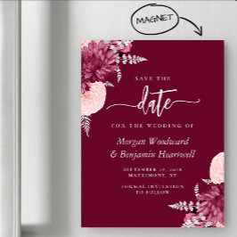 Invitación Magnética Boda floral plateado con rubor de Borgoña Save the