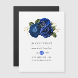 Invitación Magnética Boda floral real azul y oro salva la fecha
