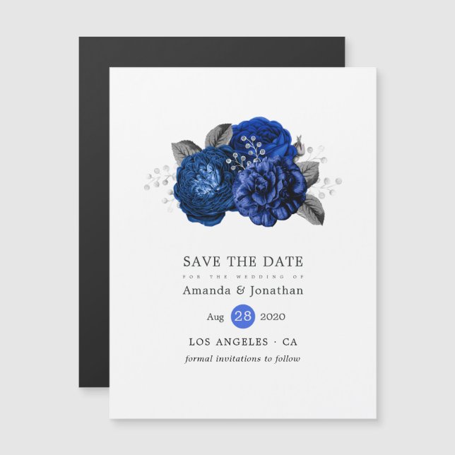 Invitación Magnética Boda floral real azul y plata salva la fecha (Anverso/Reverso)