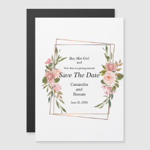 Invitación Magnética Boda floral rosa y dorada salva la fecha