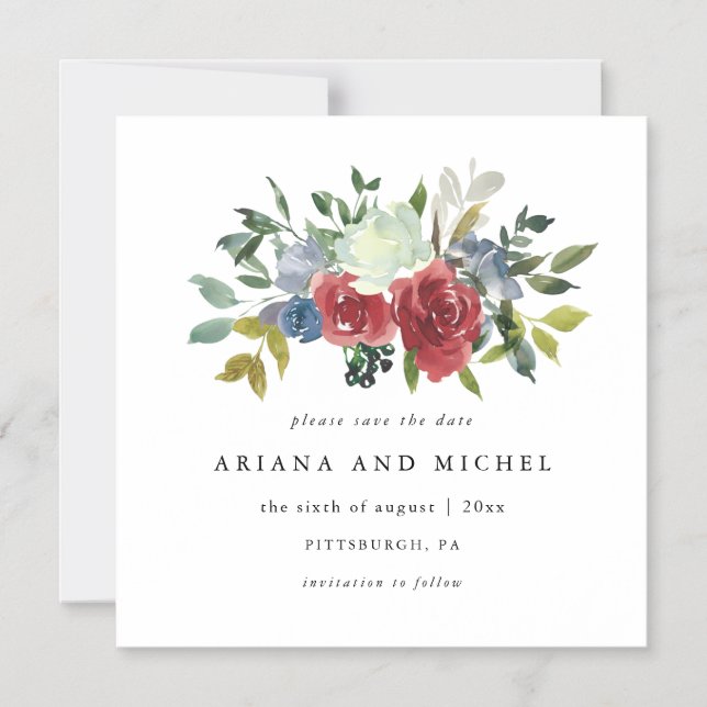 Invitación Magnética Boda floral rusa y roja salva la fecha (Anverso)