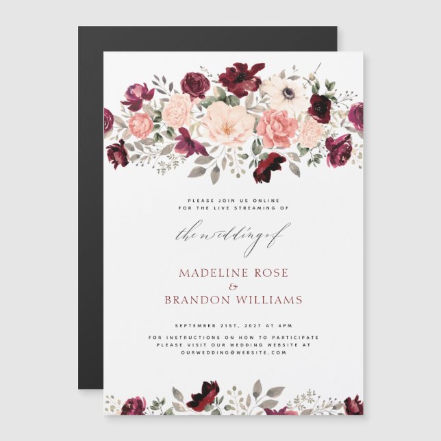 Invitación Magnética Boda floral ruso virtual de Rubor en Borgoña (Anverso/Reverso)