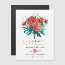 Invitación Magnética Boda floral Verde azulada y coral española salva l