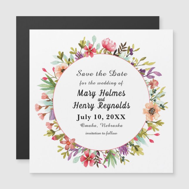 Invitación Magnética Boda Flores de acuarela modernas salva la fecha (Anverso/Reverso)