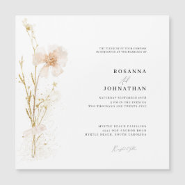 Invitación Magnética Boda Flores Prensadas Románticas Doradas y Rosadas