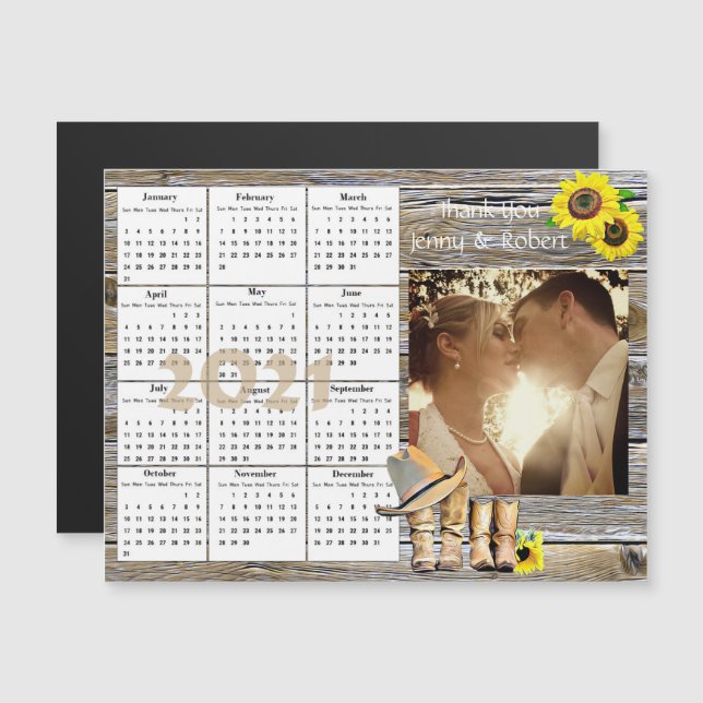 Invitación Magnética Boda Foto girasoles amarillos Calendario Mini 2021 (Anverso/Reverso)