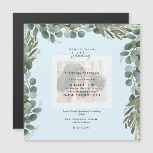 Invitación Magnética Boda fotográfico azul eucalipto