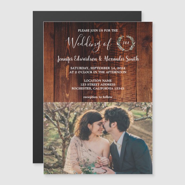Invitación Magnética Boda fotográfico monogramado de madera de granero  (Anverso/Reverso)