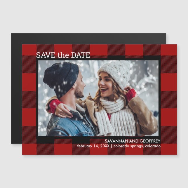 Invitación Magnética Boda fotográfico Red Buffalo Plaid (Anverso/Reverso)