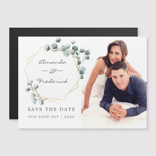 Invitación Magnética Boda geométrica de eucalipto Guardar la fecha (Anverso/Reverso)