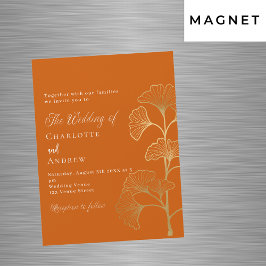 Invitación Magnética Boda ginkgo hojas quemadas naranja oro lujo