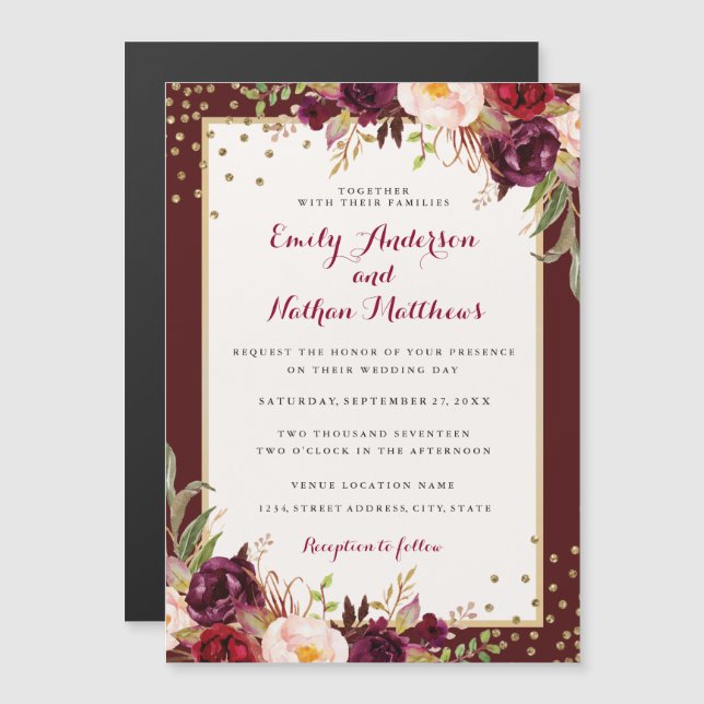 Invitación Magnética Boda Gold Confetti Floral (Anverso/Reverso)