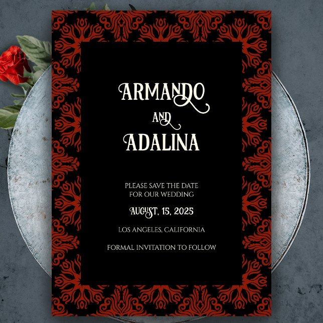 Invitación Magnética Boda gótica floral negra y roja salvan la fecha (Black and Red Floral Gothic Wedding Save the Date Magnetic Invitation)
