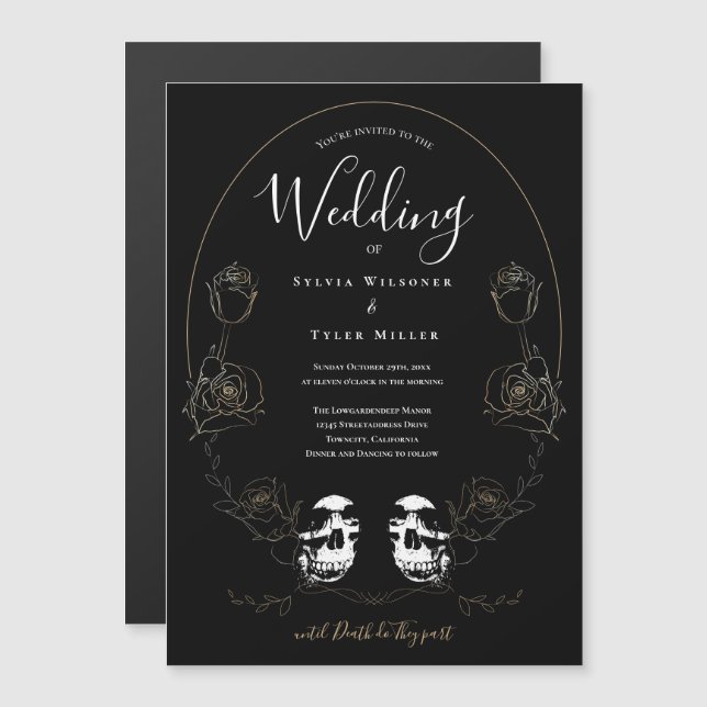 Invitación Magnética Boda gótico Skull floral negro (Anverso/Reverso)