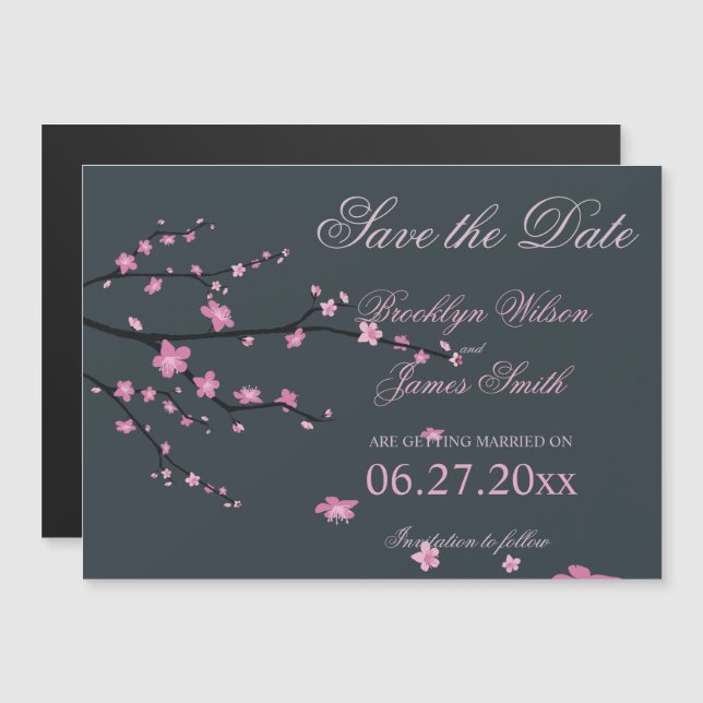 Invitación Magnética Boda Magnética Oscura De Cerezo Blossom Ahorra La  (Anverso/Reverso)